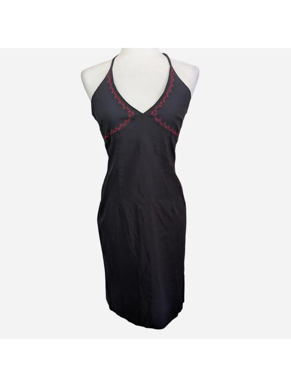1990s Black Halter Bodycon Dress Red Scroll Embroidery Back Zip Midi XS/S